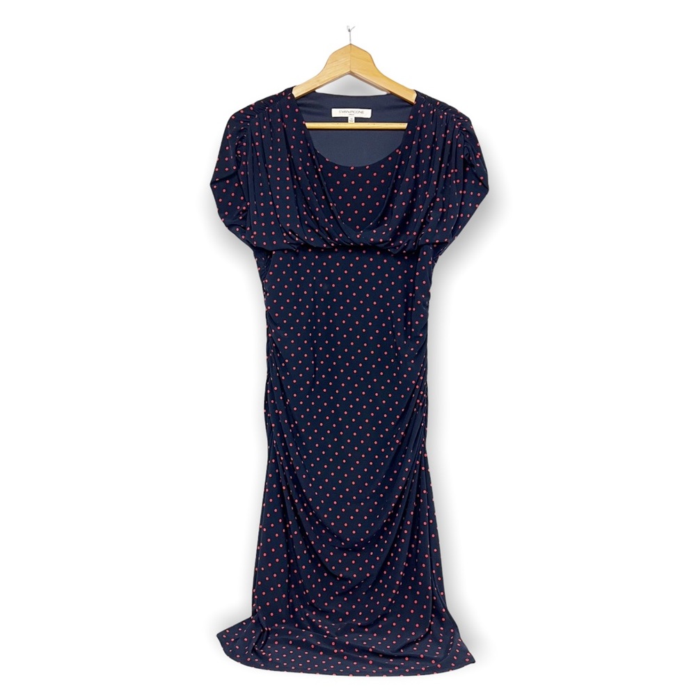 Evan Picone Navy Polka Dot Dress Ruched Vintage Retro Style SZ 10